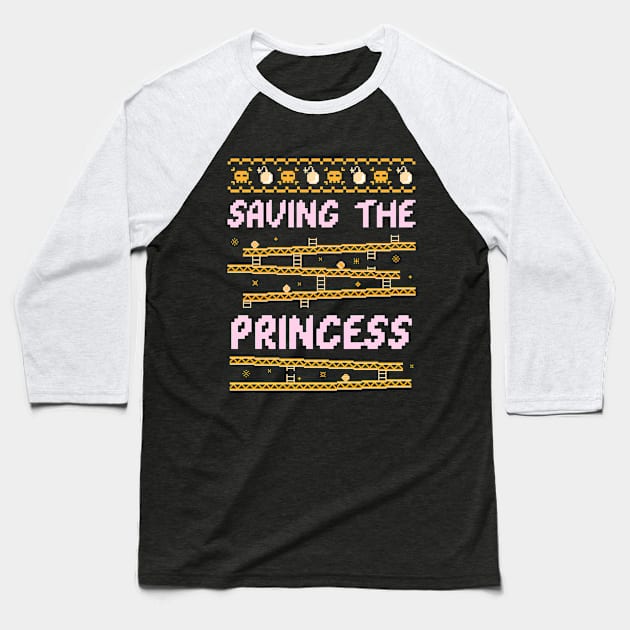 Gamer Saving the Princess Ugly Sweater Style Baseball T-Shirt by Alaskan Skald